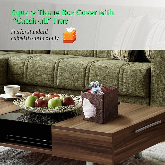 Tissue Box Cover, PU Leather Square Tissue Box Holder with Upper Storage Tray for Bathroom/Countertop/Nightstand/Office Table - Antique