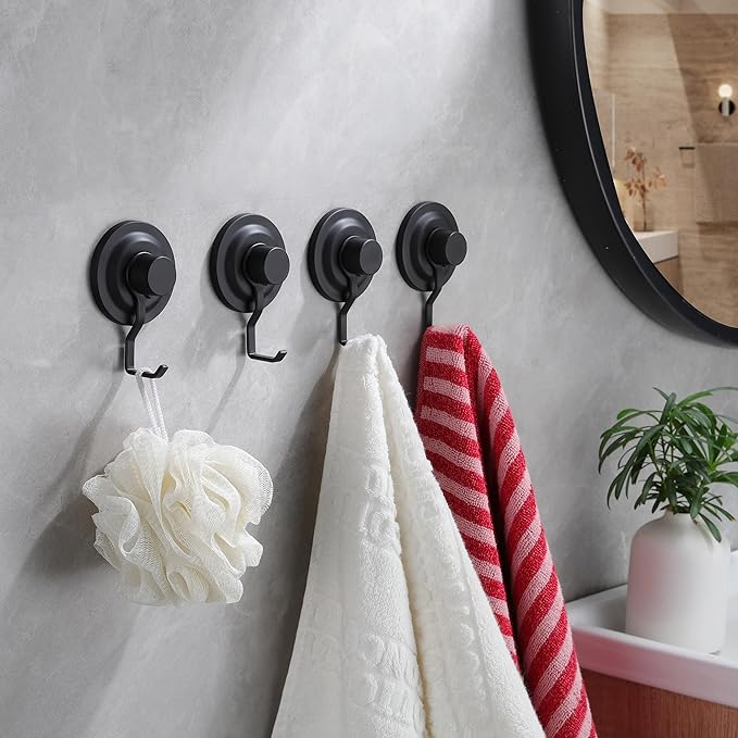 YIGII Suction Cup Towel Hooks - Hanging Hooks on Glass Mirror, Shower Hooks Without Drilling Hanging Loofah, Shower Brush, Robe – Waterproof & Rustproof, Matte Black (4-Pack)