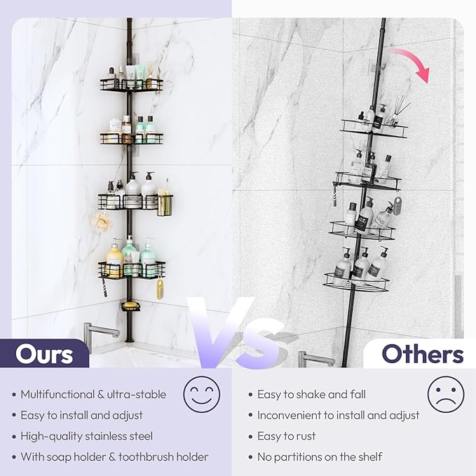 SWTYMIKI Shower Caddy Tension Pole - 4-Tier Corner Shower Organizer Tension Rod with Soap Holder, Toothbrush Holder & 4 Hooks, Adjustable Stainless Steel Bathroom Organizer 27.6 to 108.3 inch, Black