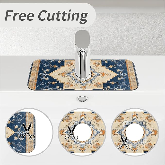 Faucet Draining Mat For Kitchen Sink, Oriental Blue Turkish Carpet Diatom Mud Absorbent Drain Pad For Bathroom Kitchen Sink Splash Guard Drying Mat