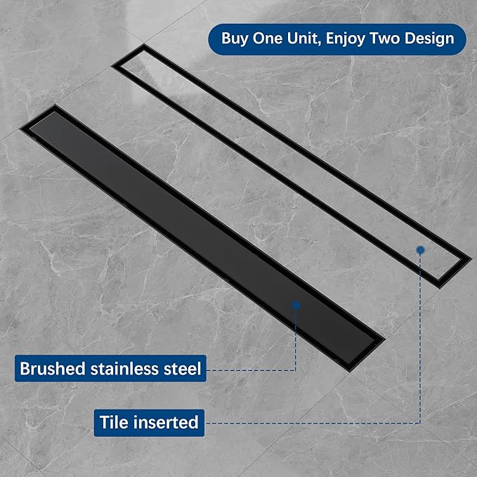 Neodrain 18-Inch Matte Black Linear Shower Drain, 2-in-1 Flat & Tile Insert Cover, Stainless Steel Linear Drain, Rectangle Shower Floor Drain with Hair Strainer, Shower Drain Base