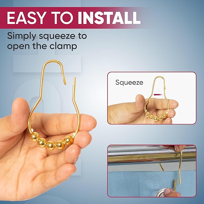 Shower Curtain Hooks Rust Proof (Set of 12) - Stainless Steel Shower Curtain Rings - Anti Slip Roller Balls for Easy Glide (Secure Lock Hooks, Polished Gold)