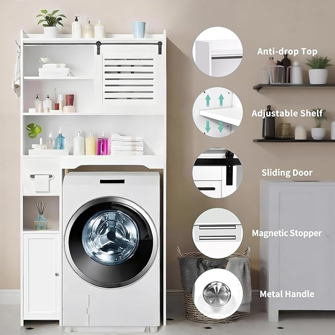 Over The Toilet Storage Cabinet, Bathroom Storage Cabinet Organizer, Above Toilet Rack with Door and Adjustable Shelves, Space Saver for Restroom, Laundry (White Right Side)
