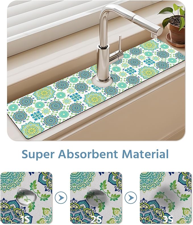 Patterned Sink Faucet Mat Kitchen Splash Guard Super Absorbent Drying Mat, Non-Slip Drain Pad for Kitchen Counter or Bathroom-15x5.5in