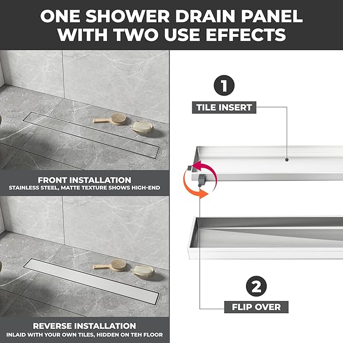 24 Inch Rectangular Linear Shower Drain Set with Reversible Flat & Tile Insert Cover, 304 Stainless Steel Bathroom Floor Drain with Hair Catcher, Shower Floor Drain Includes Adjustable Leveling Feet
