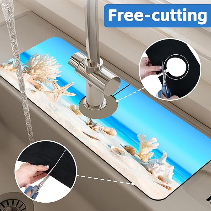 Tropical Beach Seashells Kitchen Sink Splash Guard Absorbent Fast Drying Mat Faucet Draining Mat Behind Faucet Drip Catcher for Kitchen Bathroom 5.5"15"