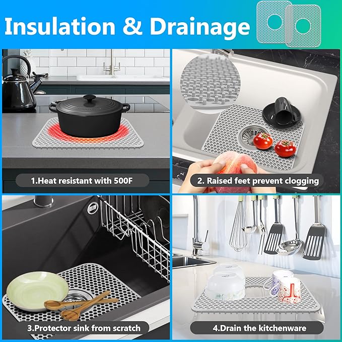 Sink Protectors for Kitchen Sink,2 PCS Silicone Kitchen Mat 13.58"x11.6",Non-Slip Bottom Guard Compatible with Farmhouse/Stainless Steel/Porcelain(Grey, Ceter Drain)