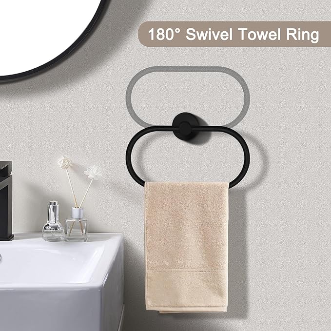 7 PCS Bathroom Hardware Set, Matte Black Stainless Steel Bathroom Tower Rack Set Wall Mounted Includes 16" Towel Bar, Toilet Towel Paper Holder, Towel Ring, 4 Robe Towel Hooks