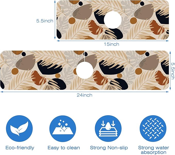 Boho Tropical Leaves Kitchen Sink Splash Guard Mat Absorbent Fast Drying Mat Faucet Draining Mat Sink Splash Guard Behind Faucet Drip Catcher for Kitchen Bathroom 5.5"×24"
