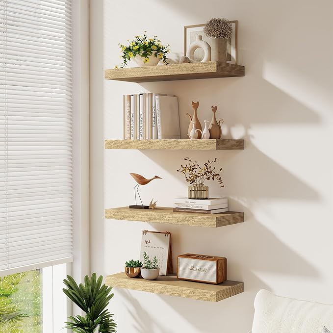 Fun Memories 72 Inch Floating Shelves for Wall 8 Inch Deep Oak Shelves Set of 2, Wall Mounted Rustic Wood Long Floating Shelf, Large Display & Storage Shelf with Invisible Brackets