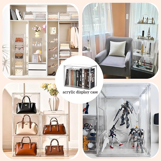 Stackable Storage Bins, Clear Acrylic Display Case, 5-Pack Acrylic Boxes with Lids, Clear Storage Containers Storage for Handbags, Collectibles & Figures