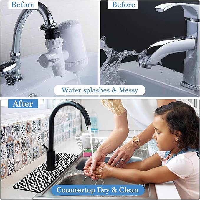 White Geometric Tile Faucet Mat Splash Guard Stylish Texture Rhombu, Soft Diatom Mud Material, Strong Water Absorption, Non-slip,Easy to Clean for Bathroom, Kitchen 15"X5.5"