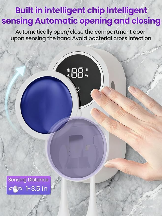 KLUEHOME Upgraded UV Toothbrush Sanitizer Holder for Bathroom, LED Smart Screen,Auto Light Cleaning and 140-Degree Air Drying, Rechargeable Mirror Wall Mounted,Fits Most Toothbrushes