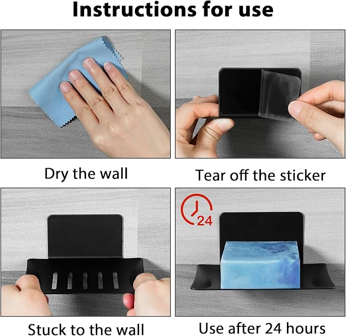 Soap Dish for Shower, 5 Slot Self-Adhesive Soap Holder for Bathroom, Wall Mounted Shower Soap Holder, Stainless Steel Soap Tray Black