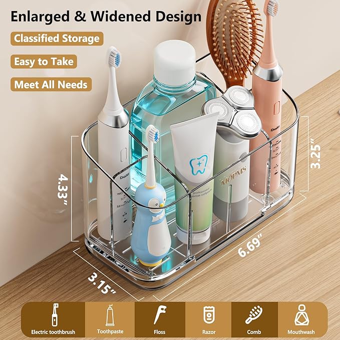 Toothbrush Holders for Bathrooms, 5 Slots Electric Toothbrush Holder Wall Mounted with Adjustable Divider, Detachable Bathroom Countertop Organizer with Drain Tray for Shower/Kitchen/Office