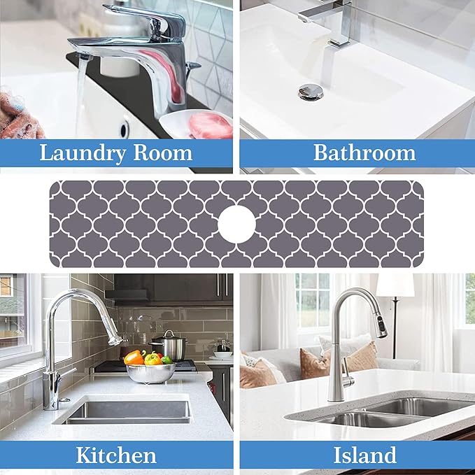 Faucet Mat for Kitchen Sink Stylish Grey Moroccan Art, Soft Diatom Mud Material, Strong Water Absorption, Non-slip, Easy to Clean for Bathroom, Kitchen 23.5"X5.5"