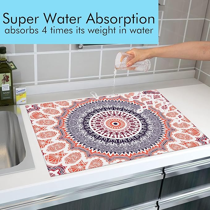 Large Dish Drying Mat for Kitchen Counter,18"X24" Mandala Flowers Super Absorbent Reversible Microfiber Dish Drying Mat Dish Drainer Mat,Dishes Mat Drying Pad for Kitchen Countertop Coffee Bar
