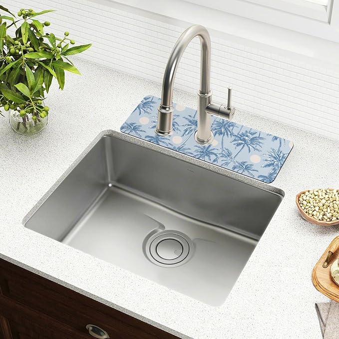 Kitchen Sink Splash Guard 2 PCS 30 Inch Sink Faucet Mat Splash Guard for Bathroom Countertop Water Absorbent Foldable Cuttable Soft Washable Light Blue Palm Trees and Sun