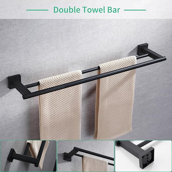 Miyili Matte Black 4-Piece Bathroom Hardware Kit Set Stainless Steel Wall Mount - Includes Double Towel Bar, Hand Towel Rack, Toilet Paper Holder, Robe Hook, BS02B4