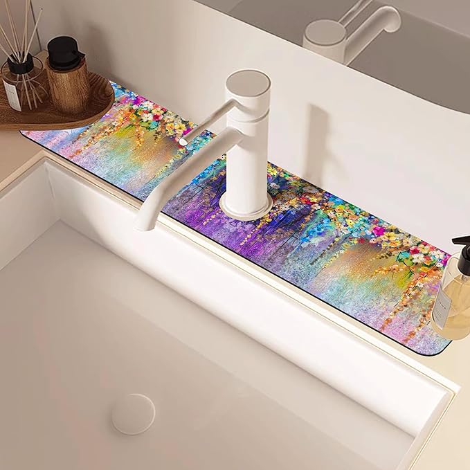Abstract Watercolor Flowers Dish Drying Mat for Kitchen Sink Splash Guard Behind Faucet Sink Mat Absorbent Fast Drying Faucet Draining Mat for Bathroom Kitchen 5.5"×24"