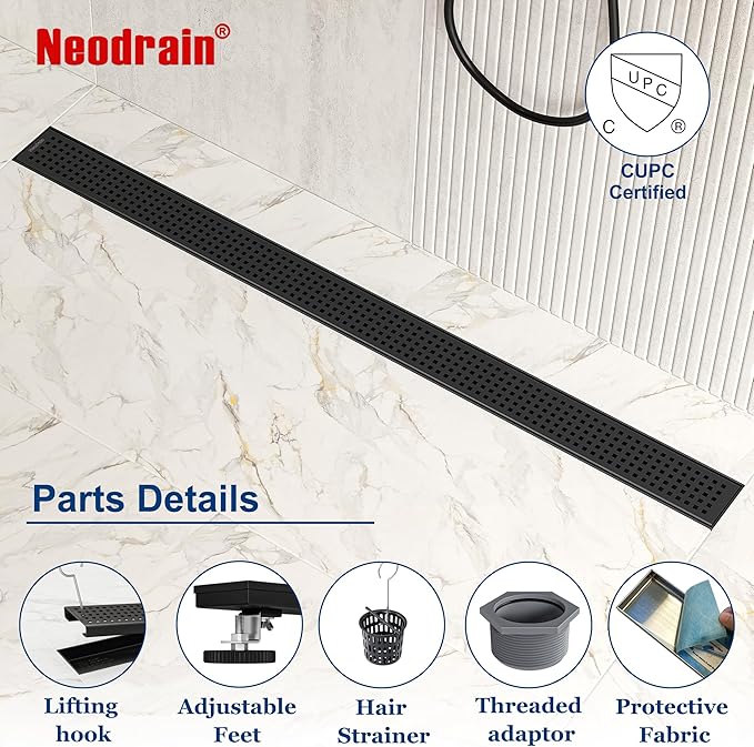 Neodrain 40" Black Linear Shower Drain with Removable Quadrato Pattern Cover, 304 Stainless Steel Rectangle Shower Floor Drains, Matte Black Linear Drain&Leveling Feet, Hair Strainer, CUPC Certified