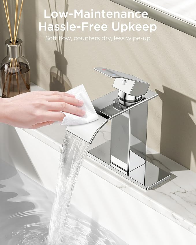 FORIOUS Chrome Waterfall Bathroom Faucets 1 or 3 Hole, Vanity Single Bathroom Sink Faucet with cUPC Supply Line and Pop Up Drain, Suitable for Basin, Rv, Restroom Sink