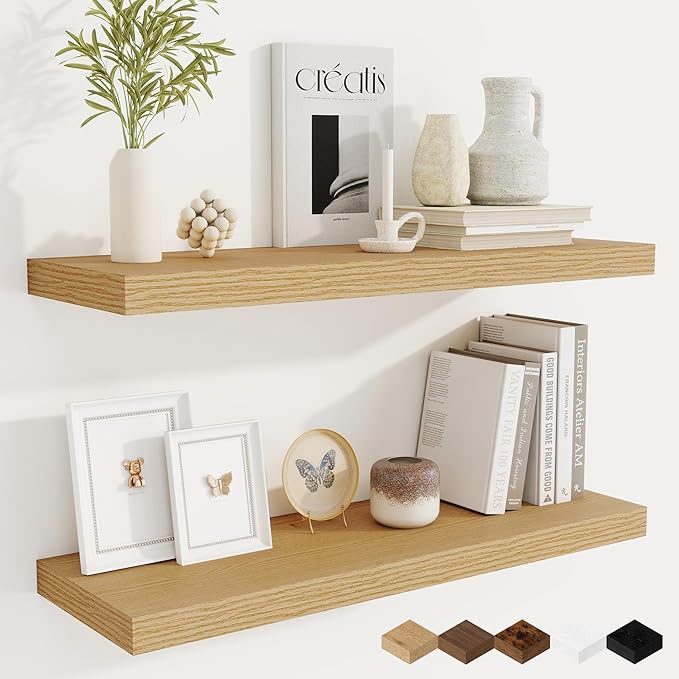 Fun Memories Floating Shelves for Wall, 30 Inch Rustic Wood Wall Mounted Shelves for Bathroom, Bedroom, Kitchen, Living Room, Deep Floating Shelves for Storage & Home Decor (Oak, Set of 2)