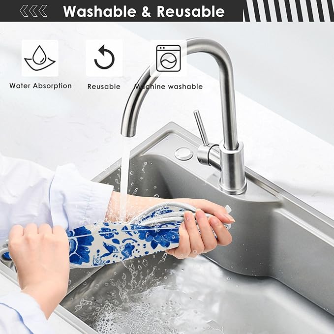 2 PCS Kitchen Sink Splash Guard 23.6 Inch Faucet Mat for Kitchen Sink Bathroom Sink Faucet Absorbing Drip Drain Mat Pad Microfiber Soft Washable Floral Blue and White Tile