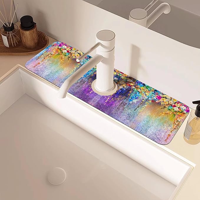 Abstract Watercolor Flowers Dish Drying Mat for Kitchen Sink Splash Guard Behind Faucet Sink Mat Absorbent Fast Drying Faucet Draining Mat for Bathroom Kitchen 5.5"×15"