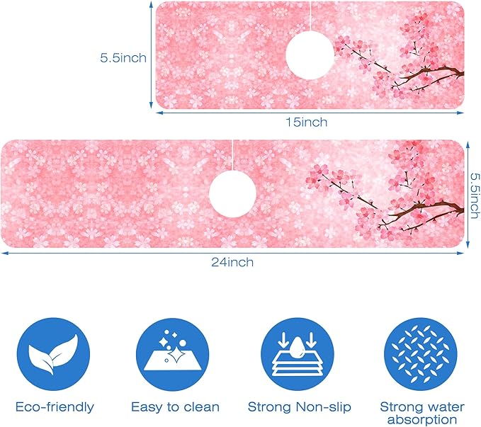 Spring Cherry Blossom Kitchen Sink Splash Guard Absorbent Fast Drying Mat Faucet Draining Guard Behind Faucet Drip Catcher for Kitchen Bathroom 5.5"15"