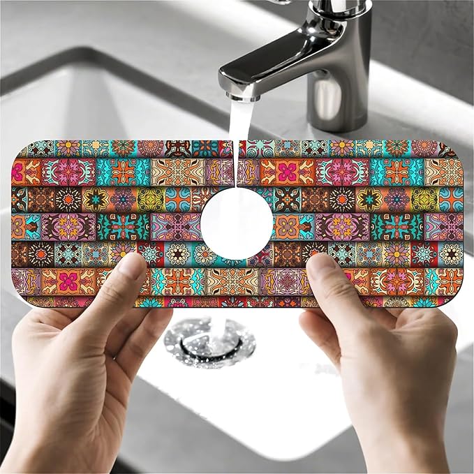 Faucet Draining Mat For Kitchen Sink, Vintage Mandala Floral Diatom Mud Absorbent Drain Pad For Bathroom Kitchen Sink Splash Guard Drying Mat