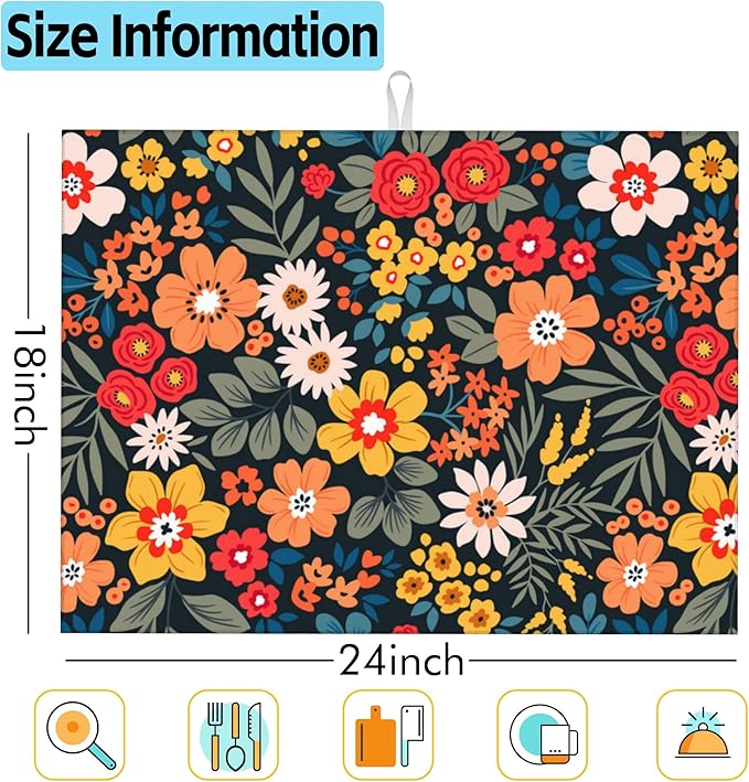 Large Dish Drying Mat for Kitchen Counter,18"X24" Colorful Flowers And Plants Absorbent Reversible Microfiber Dish Drying Mat Dish Drainer Mat,Dishes Mat Drying Pad for Kitchen Countertop Coffee Bar
