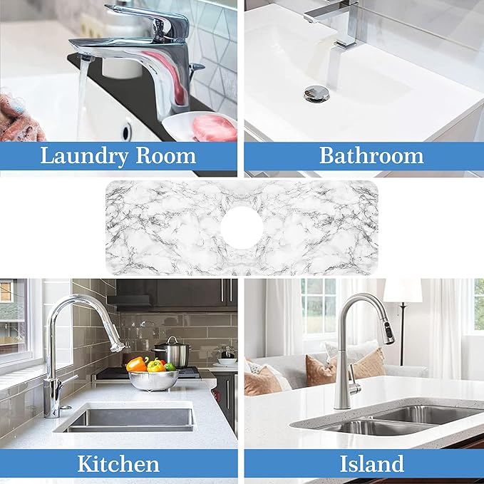 Faucet Mat for Kitchen Sink White Marble Texture, Soft Diatom Mud Material, Strong Water Absorption, Non-Slip, Easy to Clean for Bathroom, Kitchen 15"X5.5"