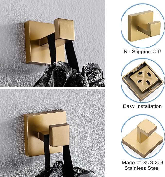 TQKAG Bathroom Towel Hook Coat Brushed Gold Robe Clothes Bath Wall Hooks for Kitchen Garage,Stainless Steel Wall Mounted