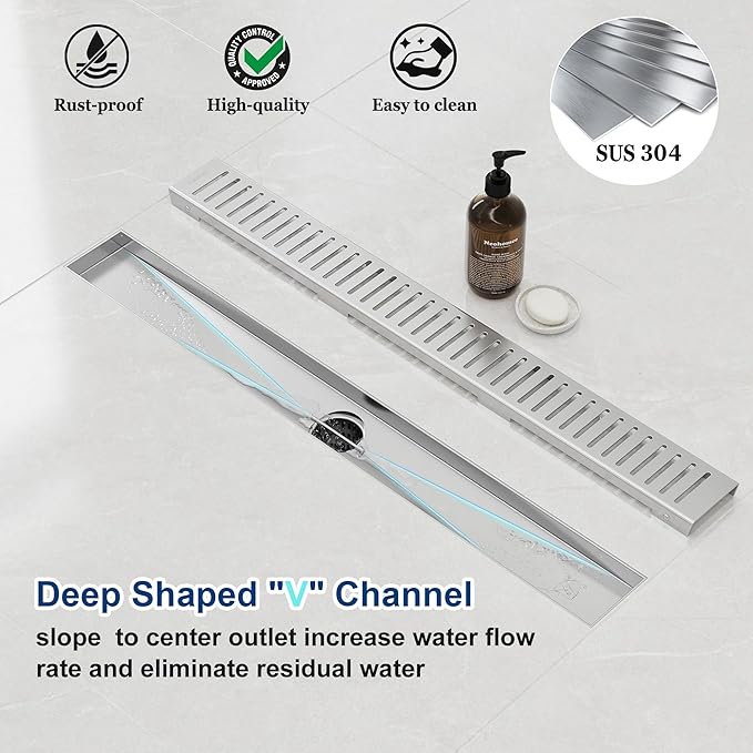 Neodrain 24" Brushed Linear Shower Drain Shower Linear Drain, Removable Capsule Pattern Grate, Bathroom 304 Stainless Steel Rectangle Shower Floor Drains- CUPC Certified