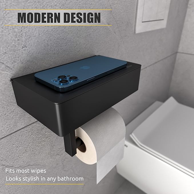 Matte Black Toilet Paper Holder Wall Mounted with Shelf & Wipes Storage – Stainless Steel SUS304 Modern Toilet Tissue Roll Holder for Bathroom, Kitchen – Adhesive and Screw Installation