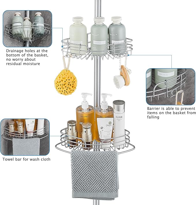 WPT Grey Shower Caddy Tension Pole for Bathroom, Stainless Steel Corner Shower Caddy Organizer Stand for Bathtub Shampoo Storage, 4 Tier Adjustable Shelves, 28.7 to 104.7 Inches