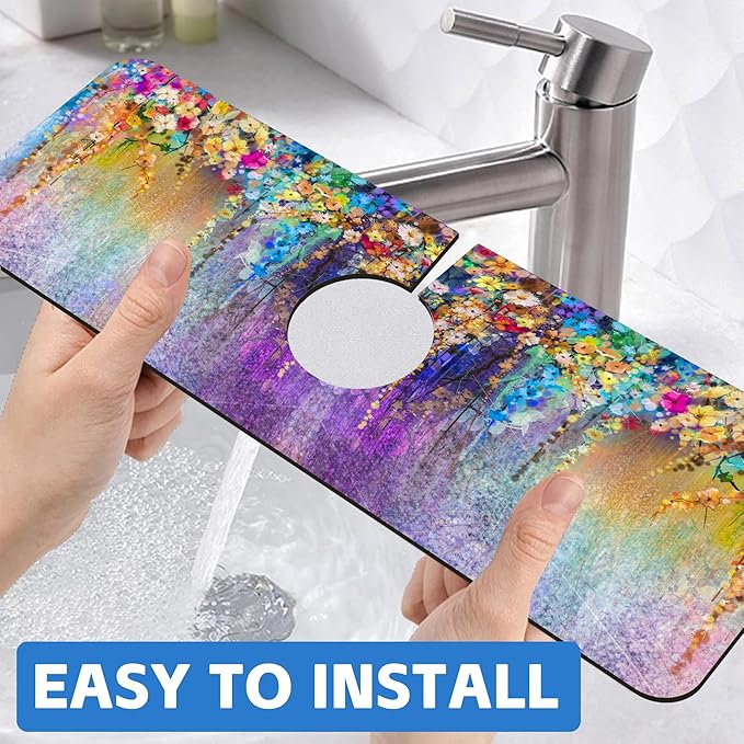 Abstract Watercolor Flowers Dish Drying Mat for Kitchen Sink Splash Guard Behind Faucet Sink Mat Absorbent Fast Drying Faucet Draining Mat for Bathroom Kitchen 5.5"×15"