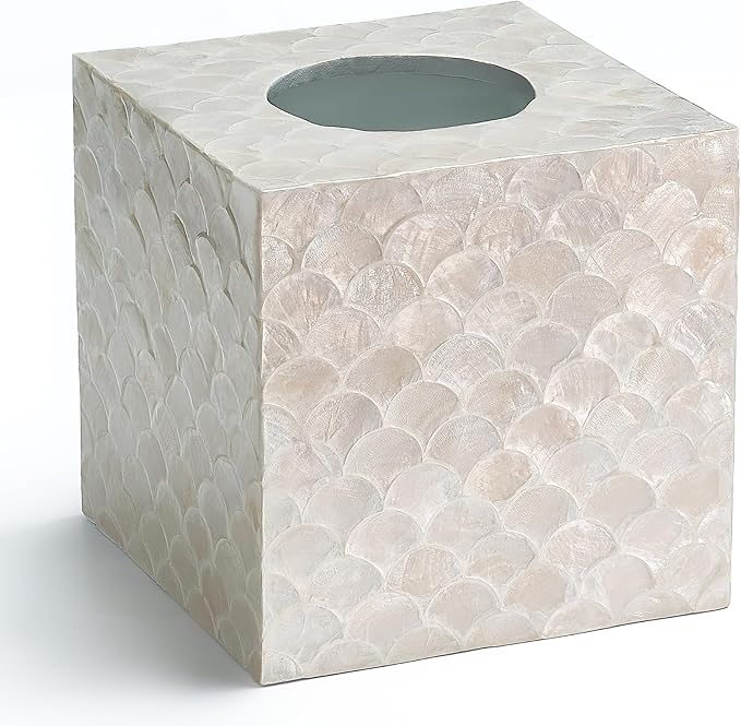 5.8” Capiz Tissue Box Cover, Square Decorative Tissue Holder with Bottom Slider, Handmade Bathroom Accessories, Elegant White Cube for Vanity, Bedroom, Office & Coastal Décor (Natural)