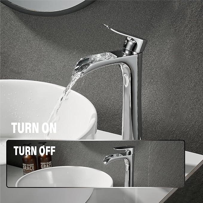 Yundoom Vessel Sink Faucet,Chrome Single Hole Single Handle Tall Bathroom Bowl Sink Faucet,Waterfall Bathroom Faucet,Modern Bathroom Tall Faucet.