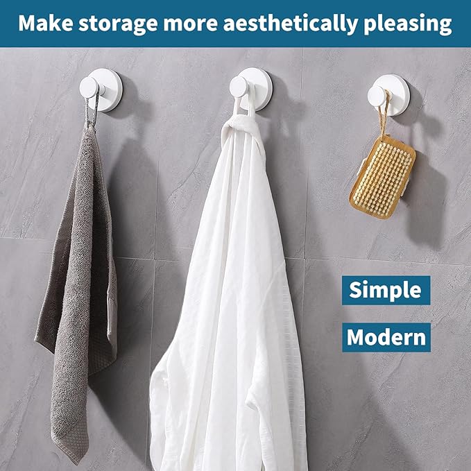 Suction Cup Hooks for Shower 2 Pack Stainless Steel No Drill Removable Waterproof Rustproof for Bathroom Kitchen Glass Mirror Tile to Hang Towels Robes Loofah Wreath (White)