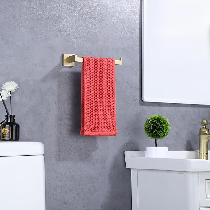 LANC Bathroom Hand Towel Holder Brushed Gold Hand Towel Bar 10 Inche Right Side Square Towel Ring for Kitchen Restroom Wall Mounted Stainless Steel Modern Towel Racks Hanger, A8806BG