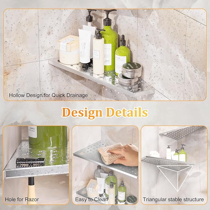 12" Corner Shower Shelf 2-Pcs, Rustproof 304 Stainless Steel Corner Shower Shelves with Razor Holder Slot Design Recessed Bathroom Shower Shelf for Tiled Wall (Brushed Silvery)