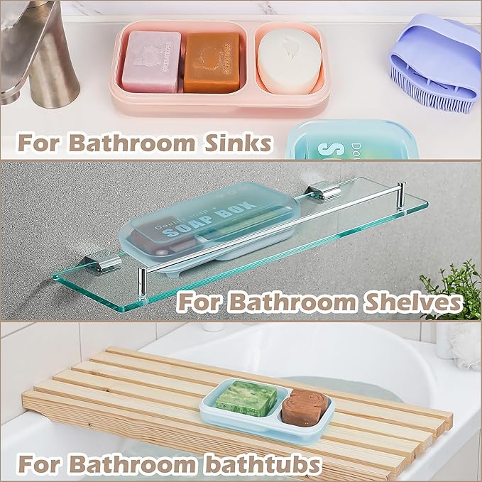 Extra Large Double Soap Dish with Lid, Self Draining Soap Holder and Saver for Bathroom Shower, Soap Box for Bar Soap, Shampoo and Conditioner Bars Drip Tray (Light Blue)