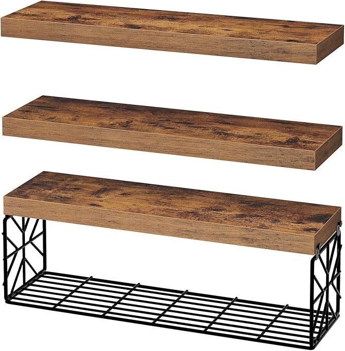Floating Shelves for Wall, 23.6" Wall Mounted Shelves Set of 3, 1.5" Thick Hanging Shelf Storage, Farmhouse Decor for Bathroom, Toilet, Bedroom, Living Room, Kitchen, Rustic Brown 6001BJBF