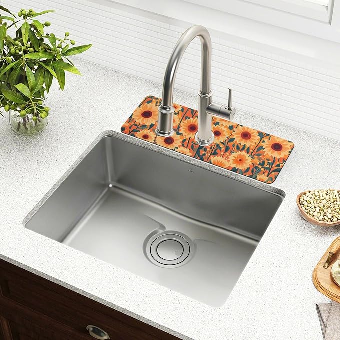 Kitchen Sink Splash Guard 2 PCS 30 Inch Sink Faucet Mat Splash Guard for Bathroom Countertop Water Absorbent Foldable Cuttable Soft Washable Orange Sunflowers and Poppy Flowers