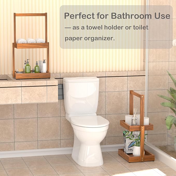 Teak Bathroom Shelf Towel Holder - 2 Tier Use as Shower Caddy Towel Organizer Stand Toilet Paper Storage Fruit Basket with Non-Slip, Durable for Bathroom Livingroom Kitchen