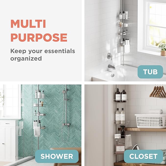 Zenna Home Tension Pole Shower Caddy Corner Organizer, Adjustable Standing Shower Caddy with 4 Baskets and Towel Bar, Rust Resistant Bathroom Tension Rod Organizer, 60 to 97 Inch, Satin Nickel