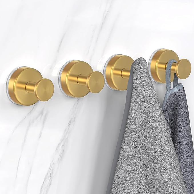 HUFEEOH 4 Pack Shower Suction Cup Hooks - Heavy Duty Gold Bathroom Holder for Towels, Robes & Accessories, Removable Vacuum Hooks for Glass, Tile, Mirror, Inside Shower - No Drill Strong Hold