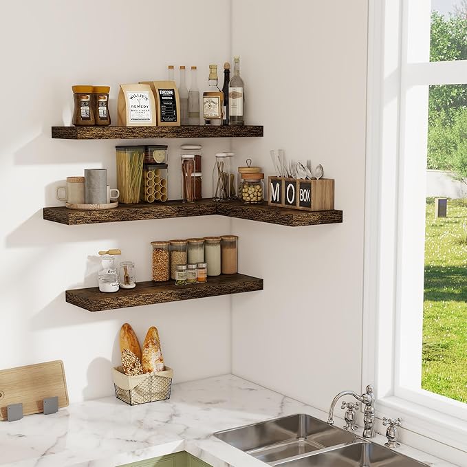 Floating Shelves for Wall, 32W x 8D Floating Wall Shelves with Invisible Brackets Set of 2, Hanging Rustic Wood Shelf Decoration for Bedroom, Bathroom, Living Room and Kitchen, Rustic Brown